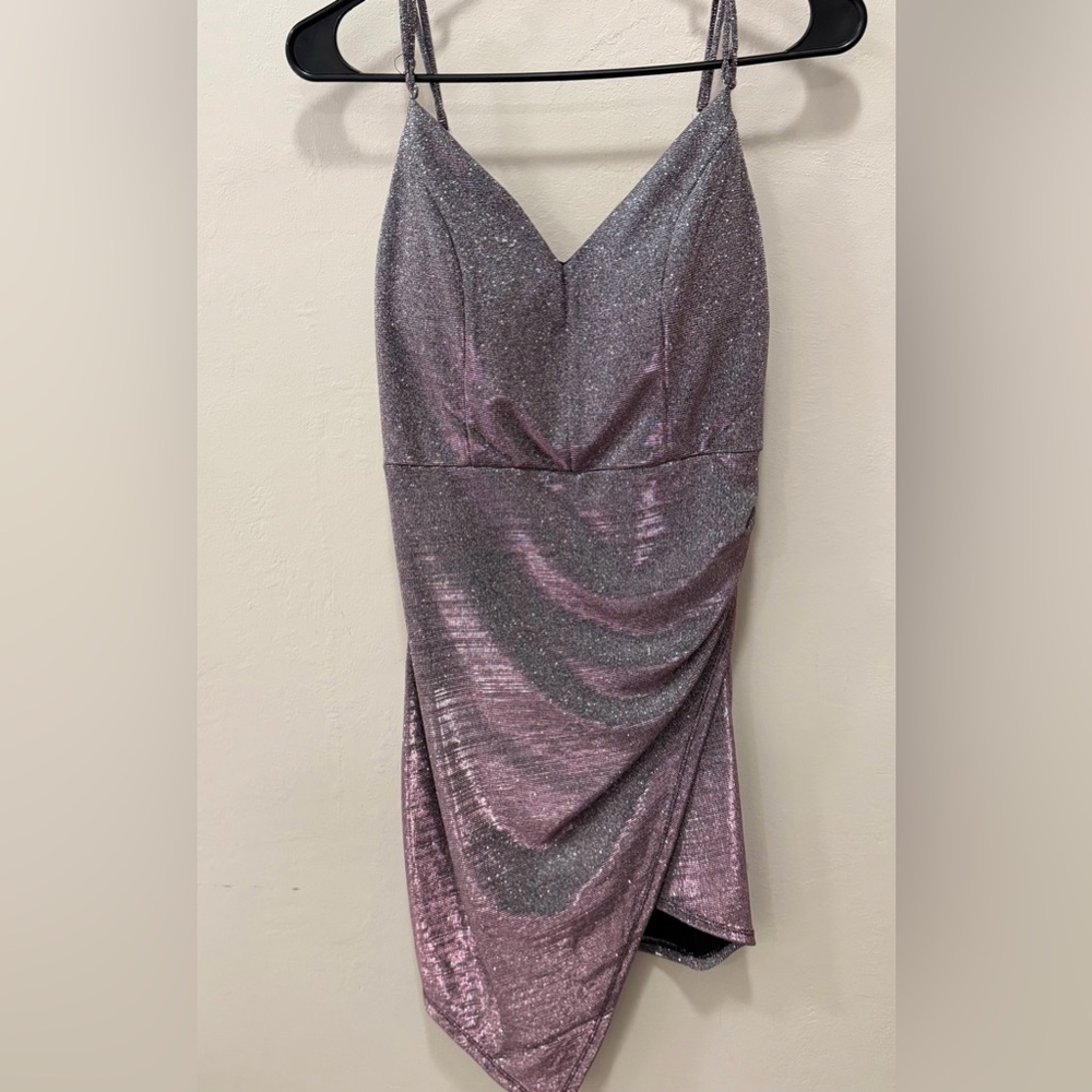 NWOT Honey & Rosie Sz M Lavender Sparkly Mini asymmetrical dress metallic